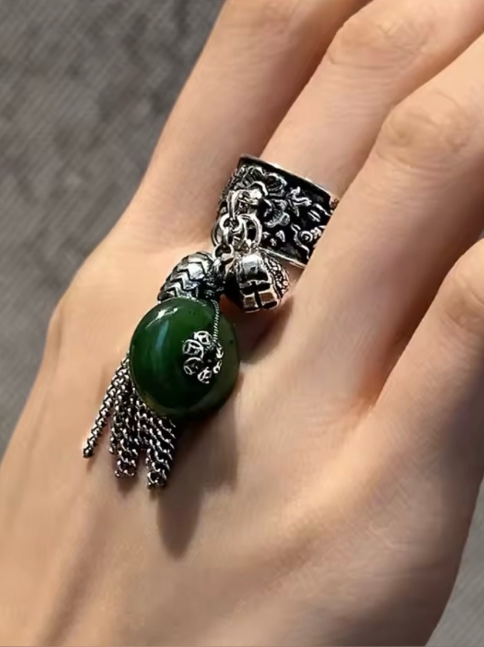 Green Glass and Silver Tassel Charm Pendant - Jewelry